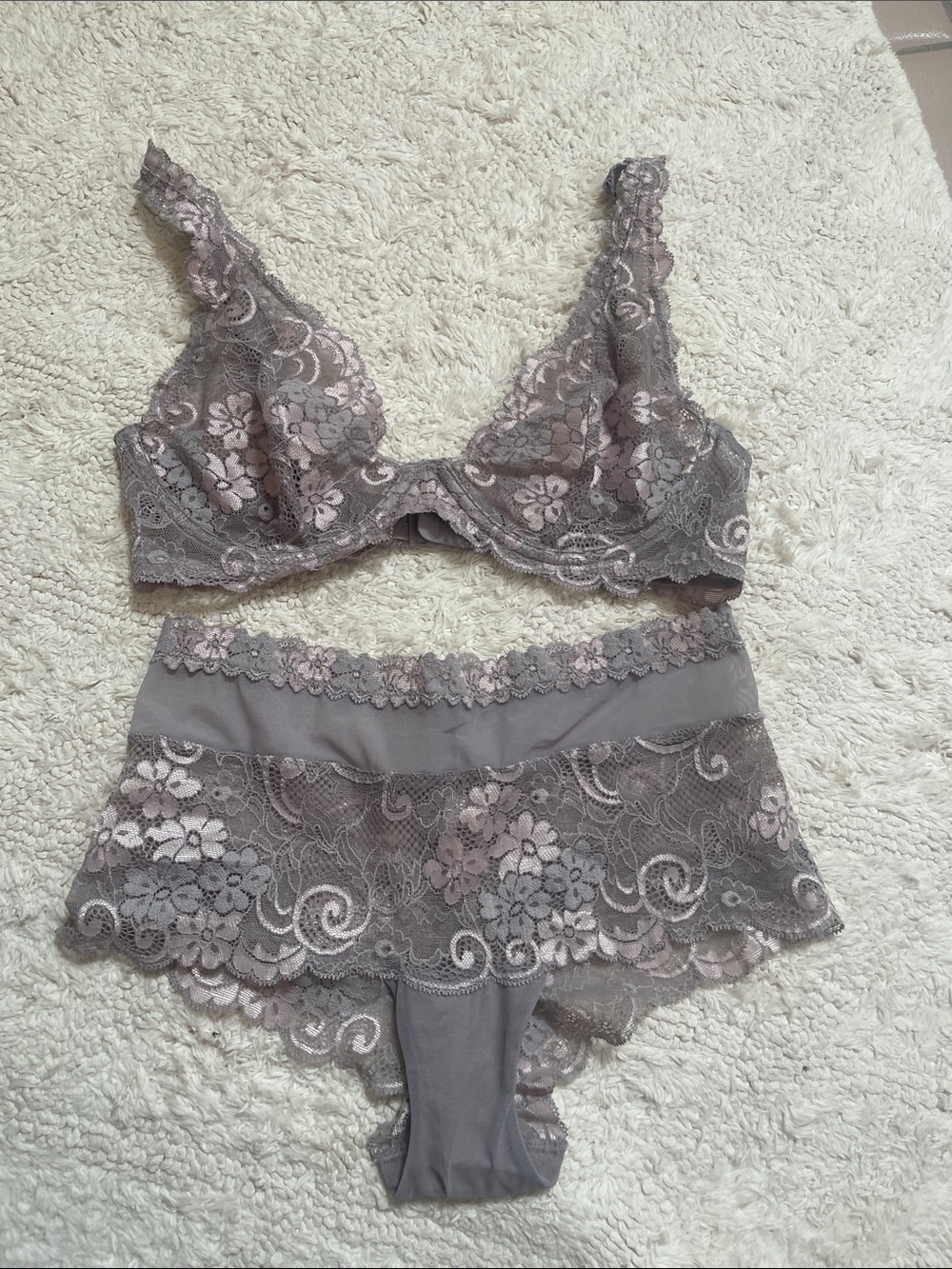 Victorias Secret Lace Bra and High-Waist Brief Tanga Set - Gray with pink flower